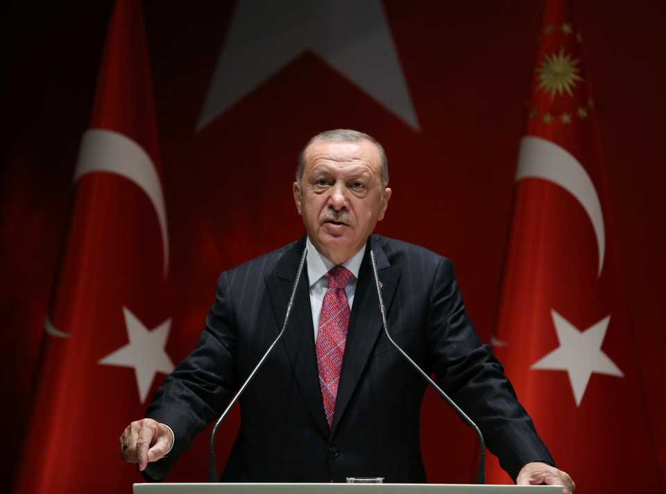 Turkish President Recep Tayyip Erdogan speaks during a meeting of his governing AK Party in Ankara, Turkey, August 13, 2020.
