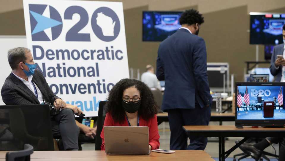 The control room where live feeds are managed is in operation for the first night of the virtual DNC convention at the Wisconsin Center on August 17, 2020 in Milwaukee, Wisconsin.