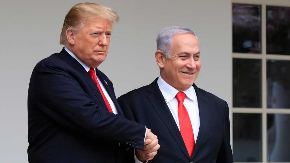 In this file photo, President Donald Trump welcomes visiting Israeli Prime Minister Benjamin Netanyahu to the White House in Washington. March 25, 2019.