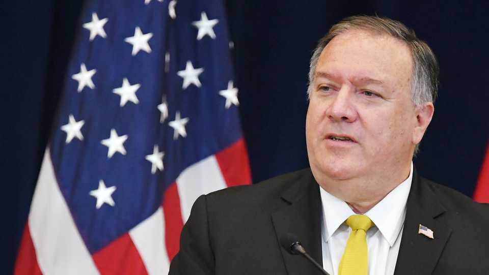 US Secretary of State Michael Pompeo speaks during a press conference with Iraq's Foreign Minister Fuad Hussein at the State Department in Washington, DC on August 19, 2020.