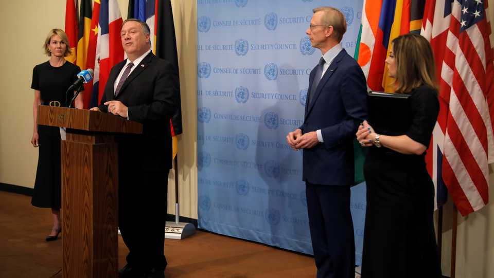 US Secretary of State Mike Pompeo speaks to reporters following a meeting with members of the UN Security Council at UN headquarters in New York, US, August 20, 2020.