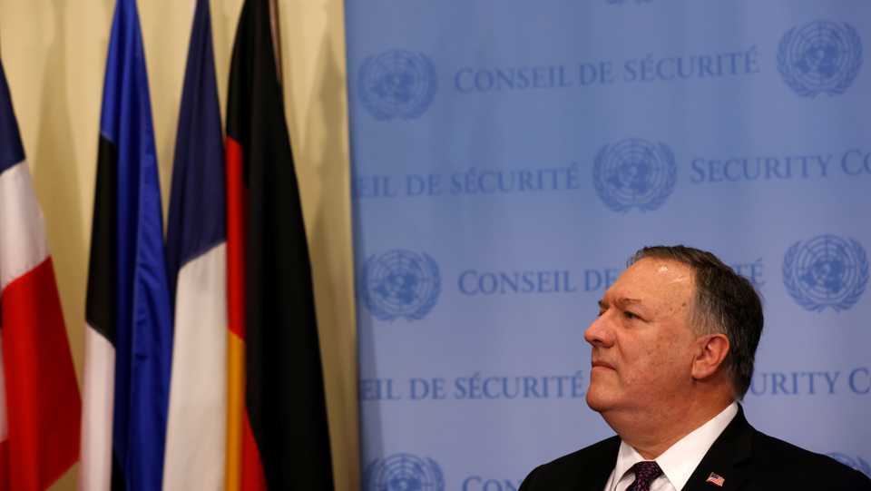 US Secretary of State Mike Pompeo speaks to reporters following a meeting with members of the U.N. Security Council about Iran's alleged non-compliance with a nuclear deal and calling for the restoration of sanctions against Iran at UN headquarters in New York, US, August 20, 2020.