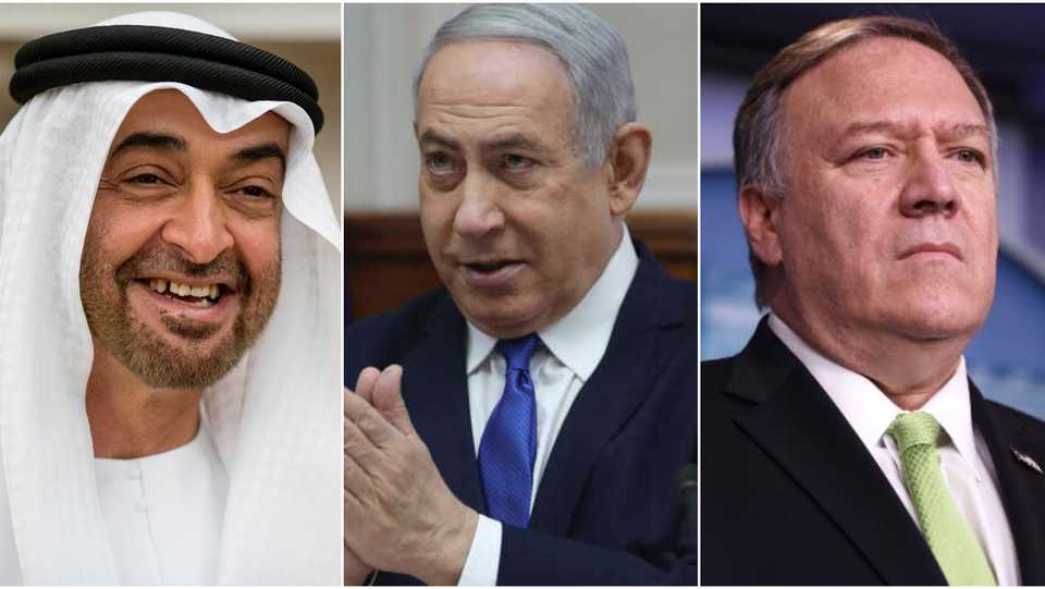 From left to right, Abu Dhabi Crown Prince Mohammed Bin Zayed, Israeli Prime Minister Benjamin Netanyahu, US Secretary of State Mike Pompeo.