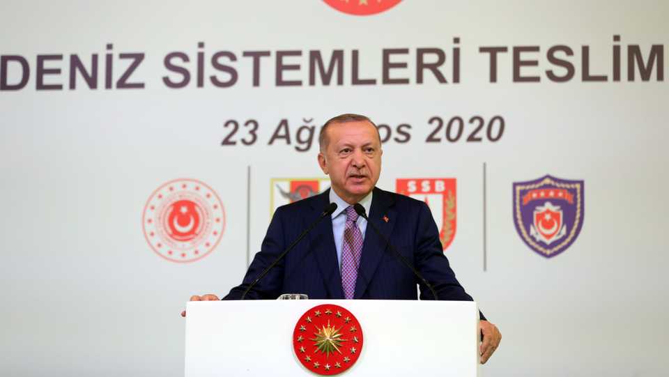 Turkish President Recep Tayyip Erdogan makes a speech as he attends the delivery ceremony of New Naval Systems at Tuzla Desan Shipyard in Istanbul, Turkey on August 23, 2020.