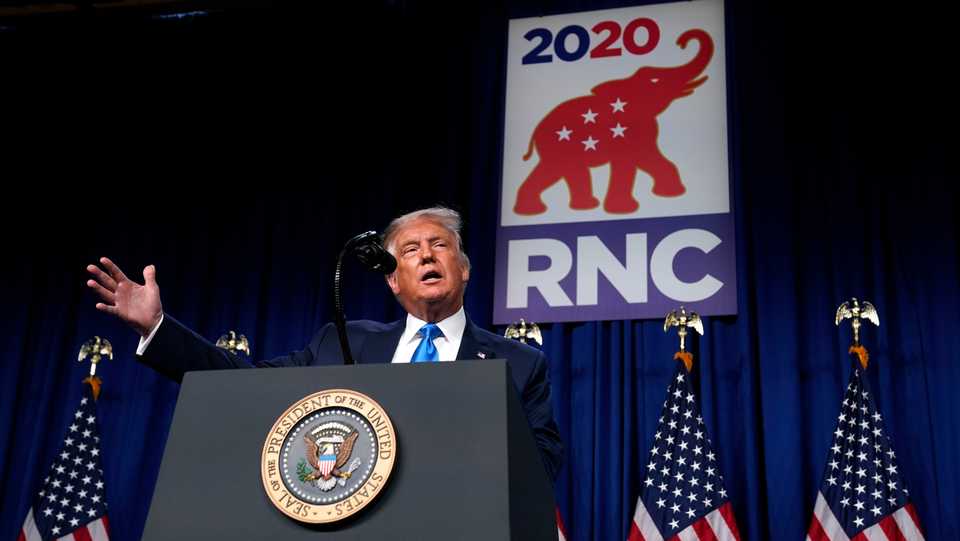 President Donald Trump speaks on stage during the first day of the Republican National Committee Convention, Monday, Aug 24, 2020, in Charlotte.