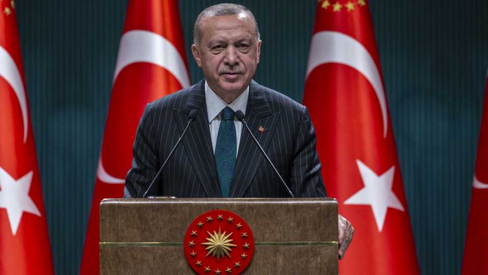 Turkish President Recep Tayyip Erdogan delivers a speech as he holds a press conference following the Cabinet Meeting at the Presidential Complex in Ankara, Turkey on August 24, 2020.
