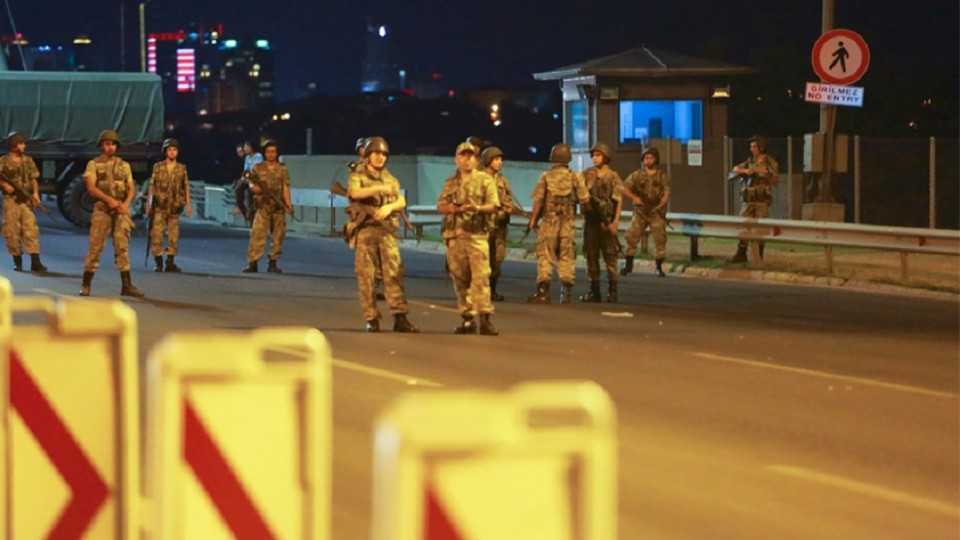 Soldiers blocked the Bosphorus Bridge during the failed coup attempt on July 15, 2016.