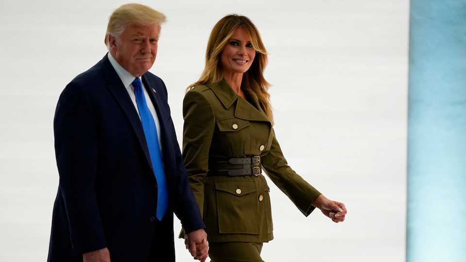 Donald Trump leaves with first lady Melania Trump after her speech to the 2020 Republican National Convention from the Rose Garden of the White House on August 25, 2020, in Washington, US.
