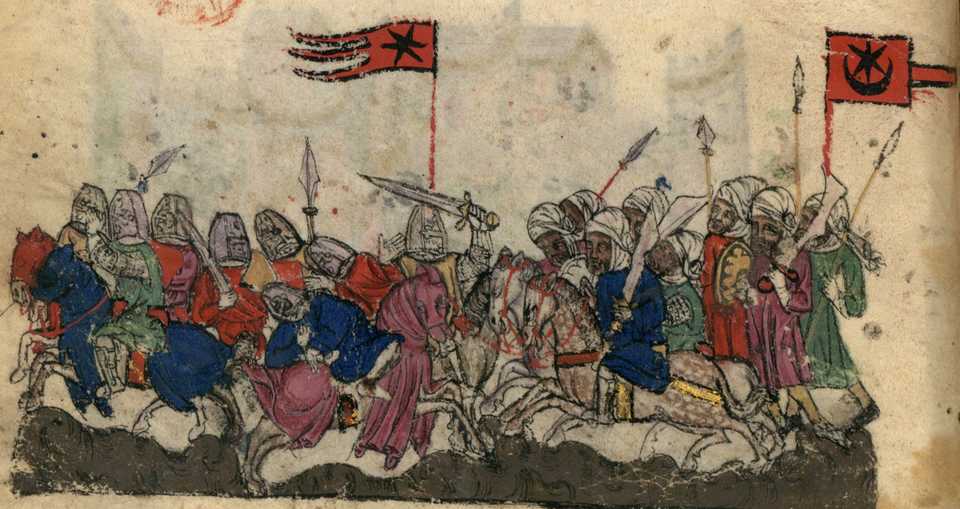 Illustration of the Battle of Yarmouk (636) at the bottom of the page of BNF Nouvelle acquisition française 886 fol. 9v (early 14th century). The Muslims are shown with a star and crescent banner, the Byzantines (anachronistically in Crusader era armour) with a star banner.