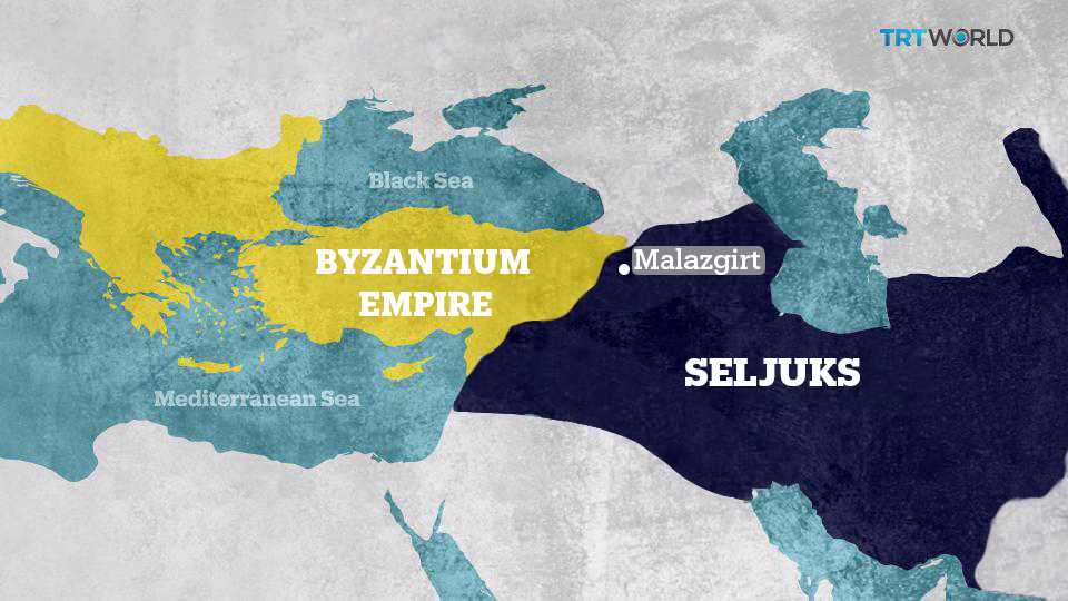 The borders of the Seljuks and the Byzantium Empire at the end of Sultan Alp Arslan’s reign. Alp Aslan was assassinated in 1072 a year after the battle of Malazgirt.