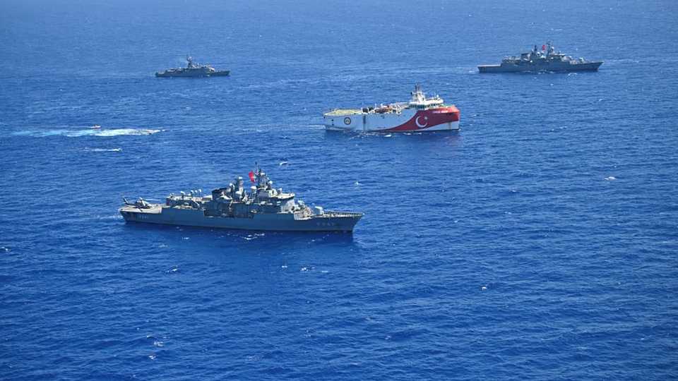 Turkey's Oruc Reis seismic vessel, escorted by Turkish navy, is seen offshores of Eastern Mediterranean on August 20, 2020.