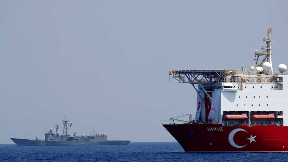 Turkish drilling vessel Yavuz is seen being escorted by a Turkish Navy frigate in the eastern Mediterranean off Cyprus. August 17, 2020.