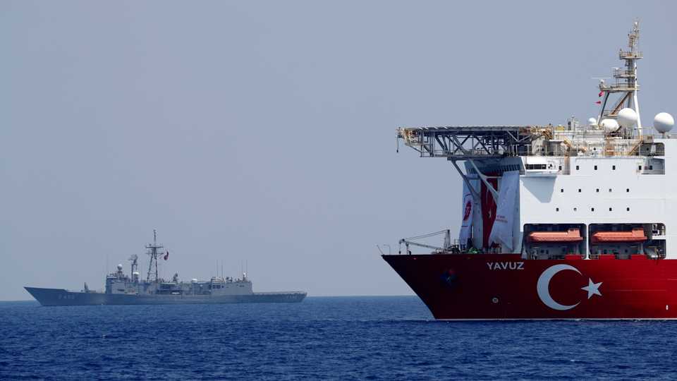 Turkish drilling vessel Yavuz is seen being escorted by a Turkish Navy frigate in the eastern Mediterranean off Cyprus island. August 17, 2020.