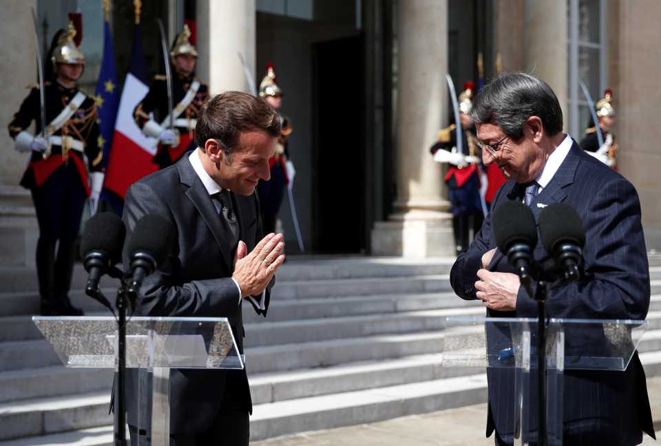 French President Emmanuel Macron gestures during a joint news conference with Greek Cypriot leader Nicos Anastasiades at the Elysee Palace in Paris, France, July 23, 2020.