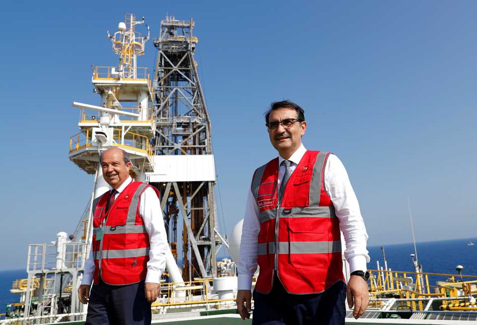 Turkey's Energy Minister Fatih Donmez and Ersin Tatar, Prime Minister of the Turkish Republic of Northern Cyprus, are seen on board the Turkish drilling vessel Yavuz in the eastern Mediterranean Sea off Cyprus, August 6, 2019.