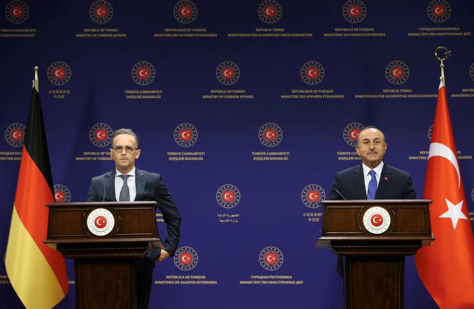 Turkish Foreign Minister Mevlut Cavusoglu and his German counterpart Heiko Maas attend a press conference in Ankara, Turkey, August 25, 2020.