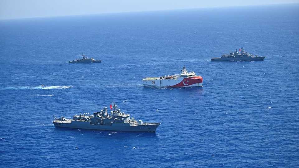 Turkey's Oruc Reis seismic vessel, escorted by Turkish navy, is seen offshores of the eastern Mediterranean on August 20, 2020.