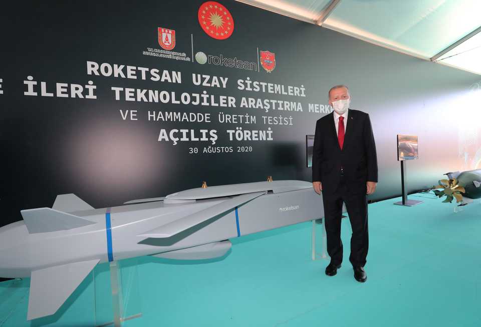 Turkish President Recep Tayyip Erdogan receives briefing from officials at Space Technologies and Advanced Technologies Research Center as he attends inauguration ceremony of Roketsan’s Space Technologies and Advanced Technologies Research Center and Explosive Chemicals Raw Material Manufacturing Plant in Ankara, Turkey on August 30, 2020.