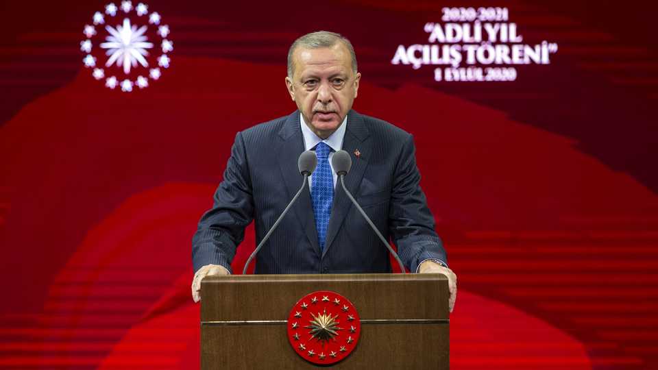 Turkish President Recep Tayyip Erdogan speaks during an opening ceremony of 2020-2021 Judicial Year at Bestepe National Congress and Culture Centre in Ankara, Turkey on September 01, 2020.