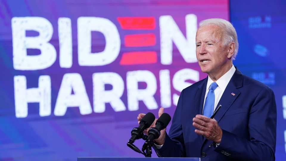 Democratic US presidential nominee and former Vice President Joe Biden speaks in Wilmington, Delaware, US, September 2, 2020.