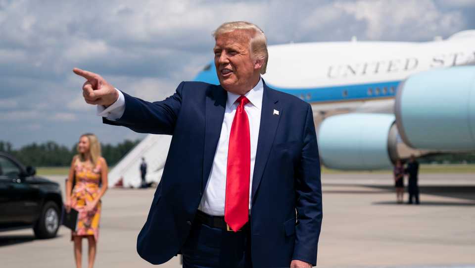 President Donald Trump talks to a crowd of supporters after arriving at Wilmington International Airport, NC. September 2, 2020.