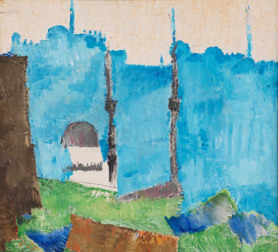 Alexis Gritchenko, Constantinople Skyline, March 1921, oil, gouache, and pencil on cardboard, 36 × 39.5 cm, signed and dated. Omer Koc Collection.