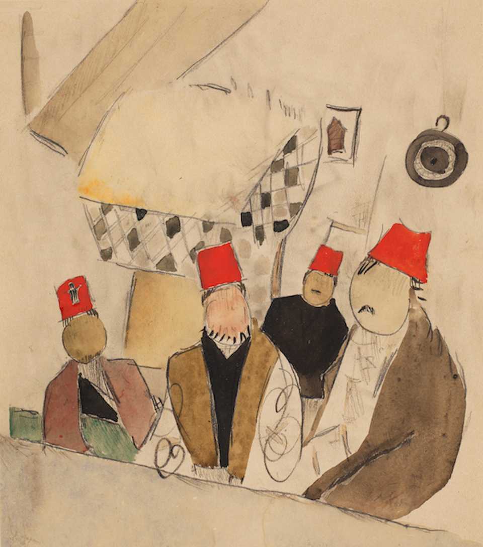 Alexis Gritchenko, Four Men in Fezes, February 1921, watercolor and pencil on paper, 25.5 x 22.5 cm, signed and dated. Omer Koc Collection.