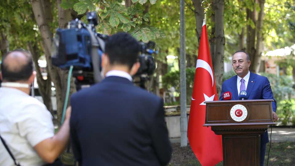 Turkish Foreign Minister Mevlut Cavusoglu speaks to press members in Ankara, Turkey on September 4, 2020.