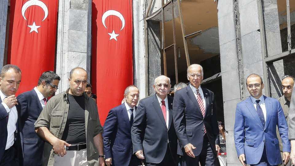 In the months following the coup, leading politicians from all over the world, such as then US vice-president Joe Biden (pictured second from right), visited the damaged Turkish Grand National Assembly building.