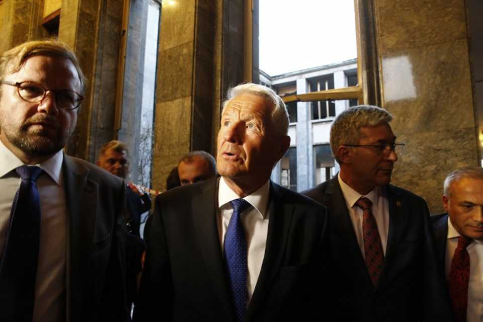 Thorbjorn Jagland, Secretary-General of the Council of Europe, visits the parliament building in Ankara on August 3, 2017, following the attempted coup. 