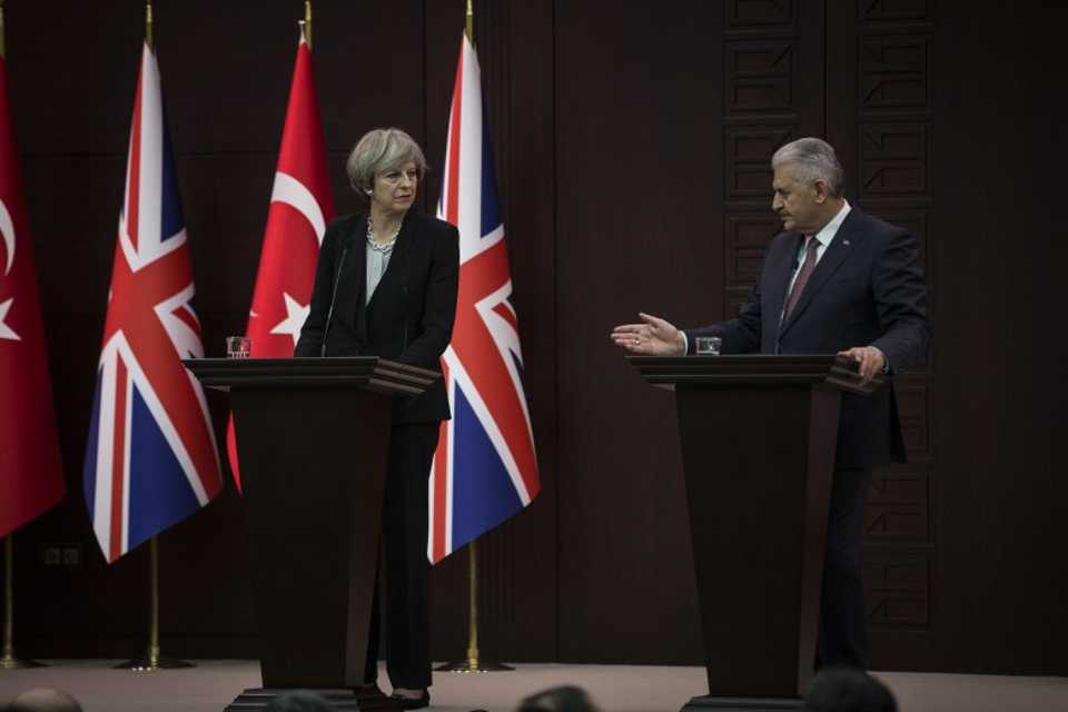 UK Prime Minister Theresa May with Binali Yıldırım, her Turkish counterpart. File photo 