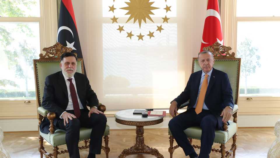 Turkish President Recep Tayyip Erdogan (R) poses for a photo with PM of Libya Fayez Al Sarraj during a meeting in Istanbul, Turkey on September 6, 2020.