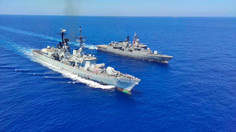 Italian destroyer ITS Durand De La Penne, left, along with Turkish frigates TCG Goksu and TCG Fatih conduct maritime trainings in the eastern Mediterranean Tuesday, Aug. 25, 2020,