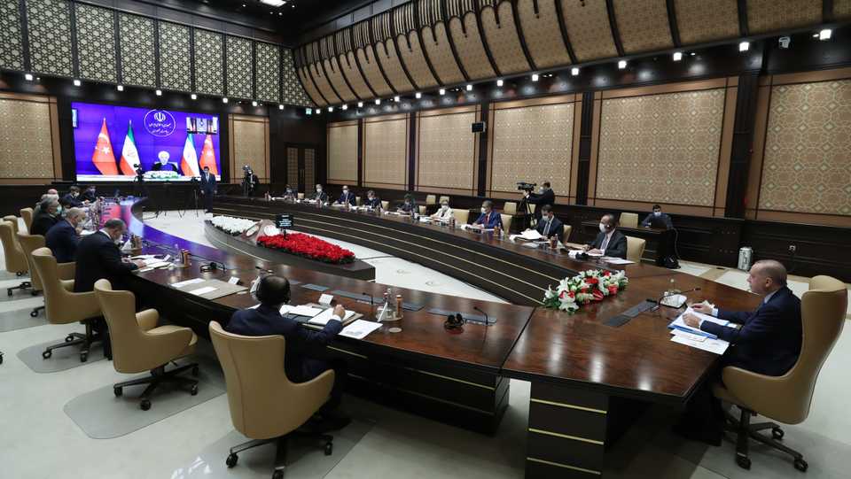 President of Turkey, Recep Tayyip Erdogan (R) attends Turkey-Iran High Level Cooperation Council 6th Meeting with participation of Iranian President, Hassan Rouhani via video conference at Presidential Complex in Ankara, Turkey on September 08, 2020.