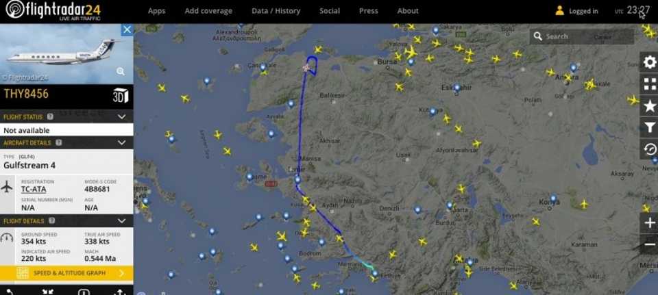 The US-based think tank Stratfor shared Erdogan's flight pattern en route to Istanbul on Twitter while two pro-coup. F-16s were tracking his plane. 