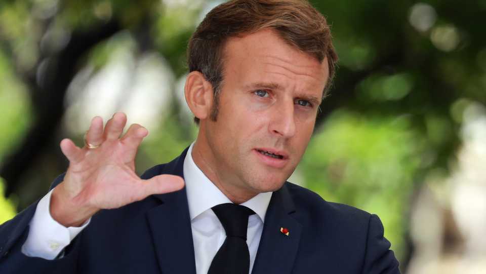 French President Emmanuel Macron gives a press conference at Corsica's prefecture in Ajaccio, Corsica island, on Thursday Sept.10, 2020.