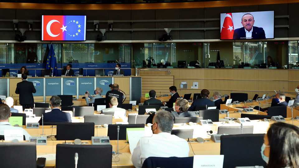 Minister of Foreign Affairs of Turkey, Mevlut Cavusoglu (on the screen) speaks via video link at the Committee on Foreign Affairs of European Parliament (EP) in Brussels, Belgium on September 10, 2020.