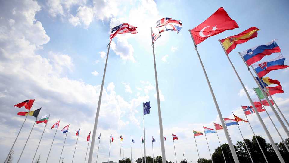 The flags of members of North Atlantic Treaty Organization (NATO) are seen at the Headquarter of NATO in Brussels, Belgium on June 26, 2020.