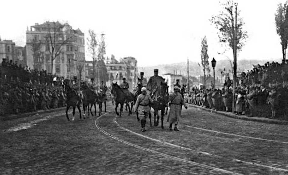 French general Franchet d'Espere marching in Istanbul's Beyoğlu on February 8, 1919 after the Allied invasion of then-capital city of the Ottoman Empire.