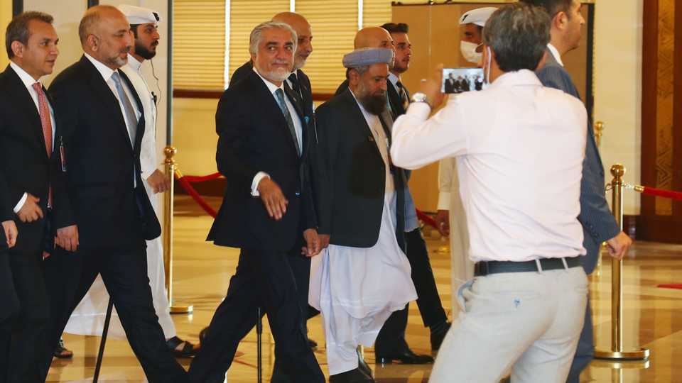 Chairman of the High Council for National Reconciliation Abdullah Abdullah arrives for an intra-Afghan talks in Doha, Qatar on September 12, 2020.