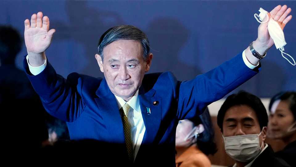 Japan's Chief Cabinet Secretary Yoshihide Suga reacts after being elected as new head of Japan’s ruling Liberal Democratic Party (LDP) at the party's leadership election in Tokyo on September 14, 2020.