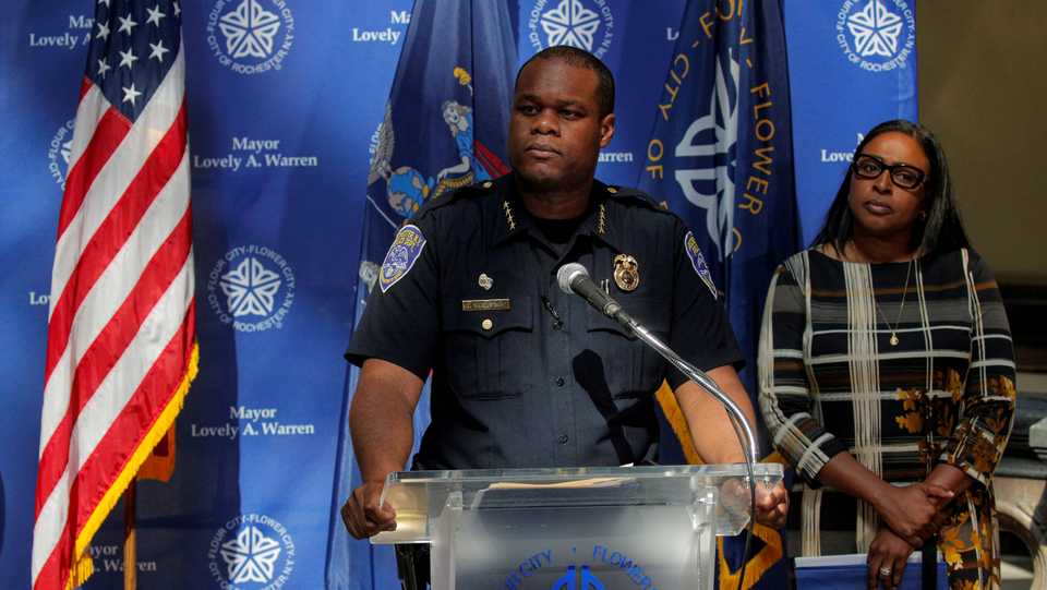 Rochester Chief of Police La'Ron Singletary speaks during a news conference with Mayor Lovely Warren on the protests triggered by the death of Daniel Prude, a Black man, after police put a spit hood over his head during an arrest on March 23 in Rochester, US. September 6, 2020.