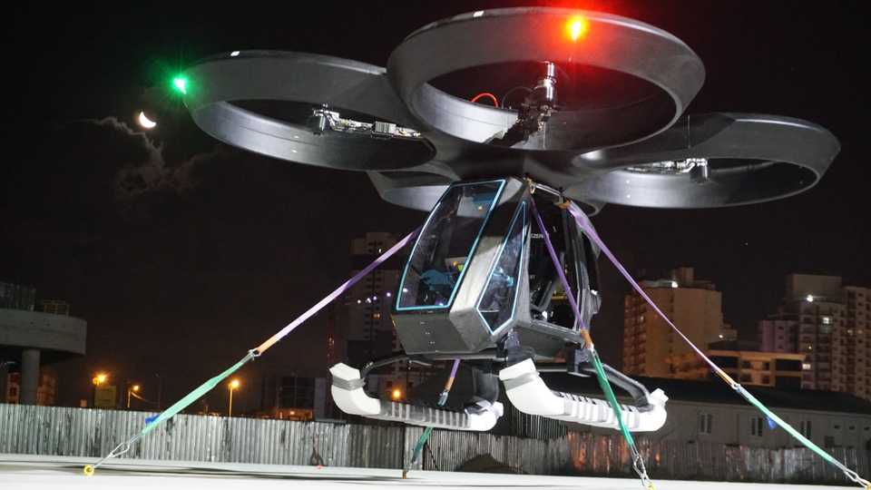 Turkey’s first domestically produced flying car, the Cezeri, produced by aerial platform developer Baykar, is seen during its first successful test flight in Istanbul, Turkey on September 12, 2020.