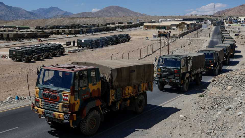 Indian military trucks carrying supplies move towards forward areas in the Ladakh region on September 15, 2020.