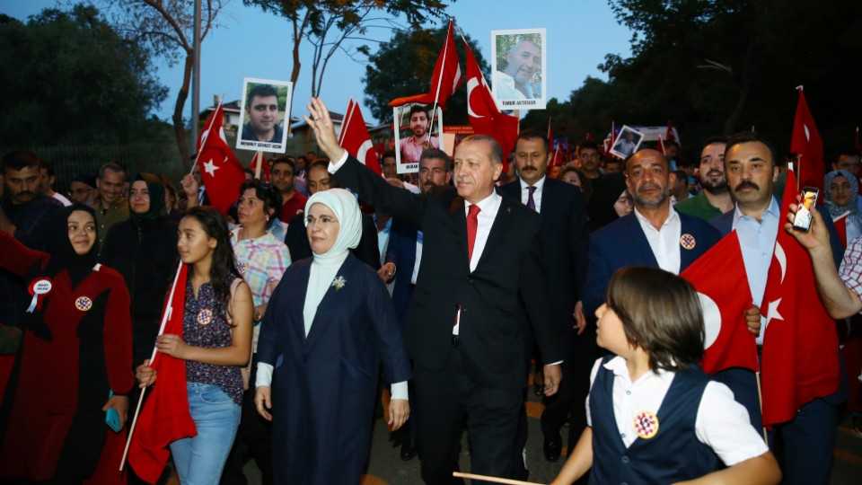 Turkey's President Recep Tayyip Erdogan attends a rally at the July 15 Martyrs Bridge (formerly known as the Bosphorus Bridge) in Istanbul to commemorate the victims of last year's failed coup attempt.