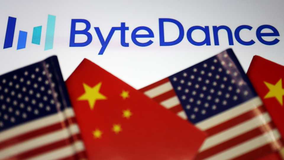 Flags of China and US are seen near a Bytedance logo in this illustration picture taken on September 18, 2020.