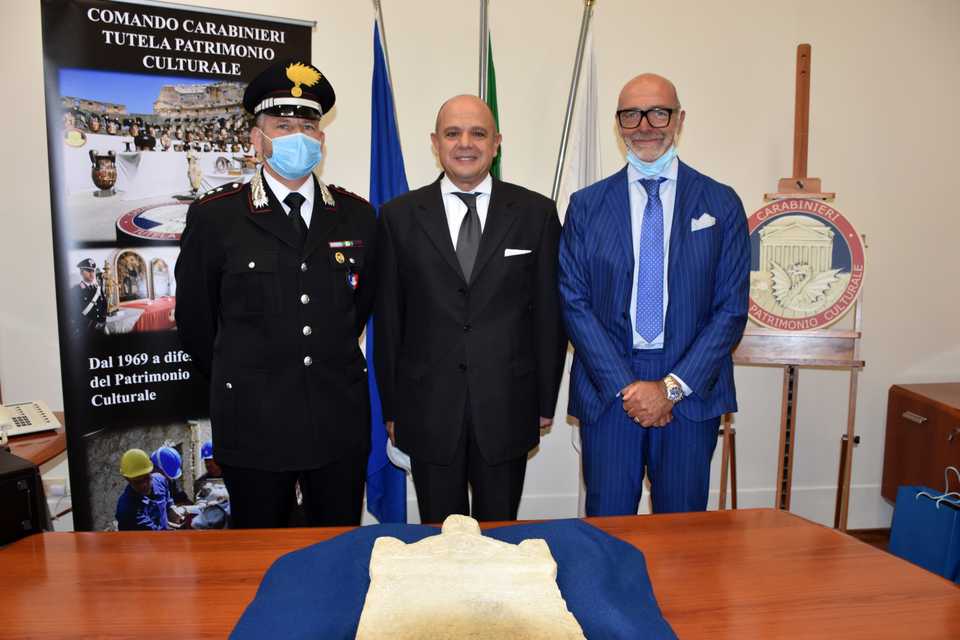 Turkish Ambassador to Rome Murat Salim Esenli (C) arrived to receive it from Captain Claudio Mauti (L), branch manager for the Protection of Cultural Heritage and Fight Against Historical Artefacts Smuggling, and lawyer Luca Bracher in Rome, Italy on September 19, 2020.