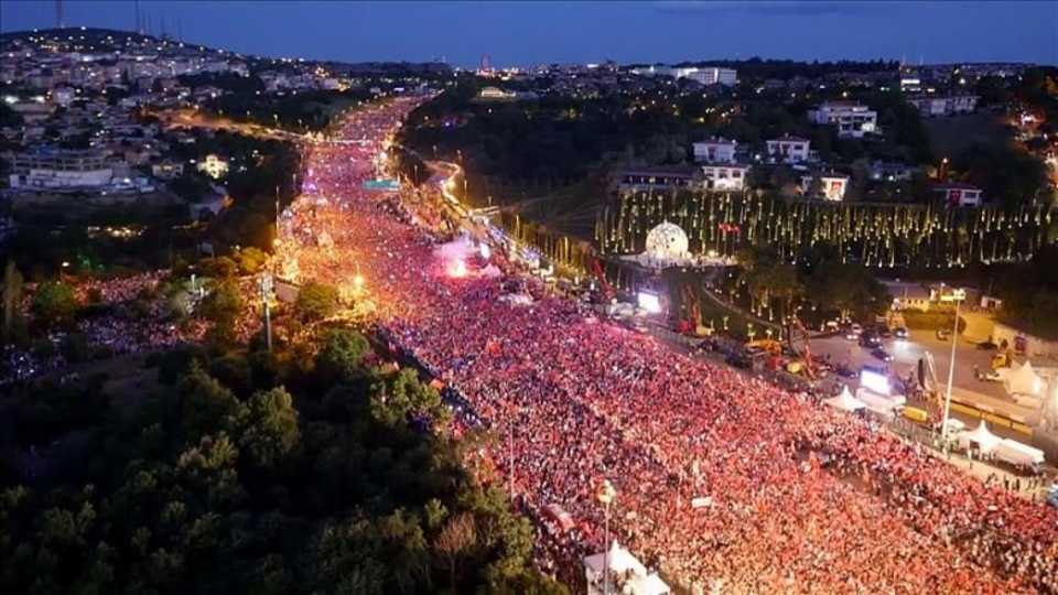 People march to July 15 Martyrs Bridge as a part of the July 15 Democracy and National Unity Day on in Istanbul, Turkey on July 15, 2017. 