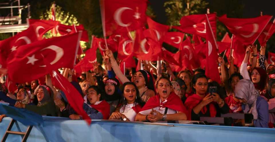 People gather in front of the Grand National Assembly of Turkey to attend July 15 Democracy and National Unity Day's events to mark July 15 defeated coup's 1st anniversary in Ankara, Turkey on July 15, 2017. 