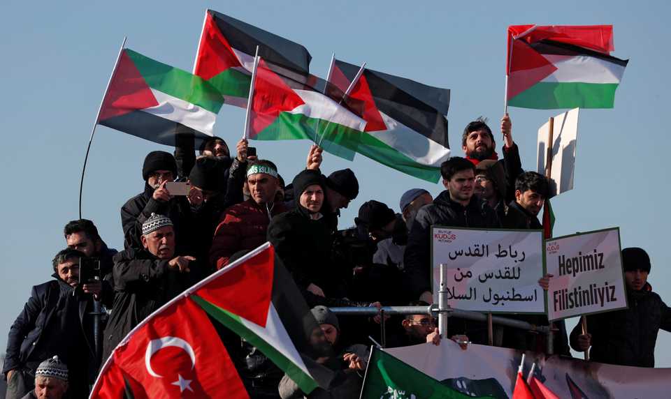 Pro-Palestinian demonstrators take part in a rally to protest against US President Donald Trump's proposed Middle East peace plan, in Istanbul, Turkey, February 9, 2020.